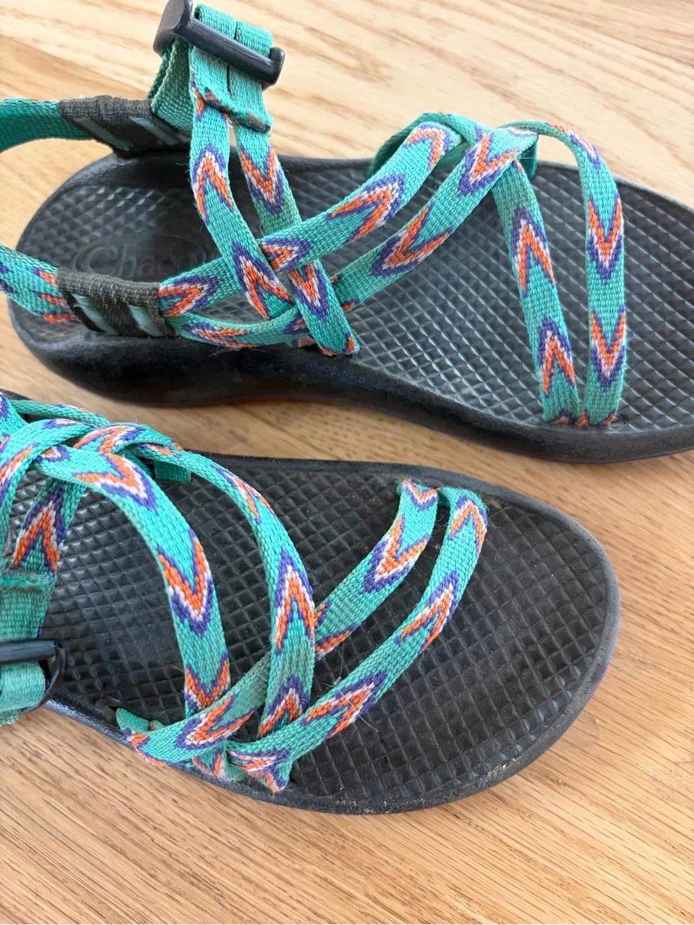 Chaco Kids Black Sandals with Teal & Coral Patterned Straps